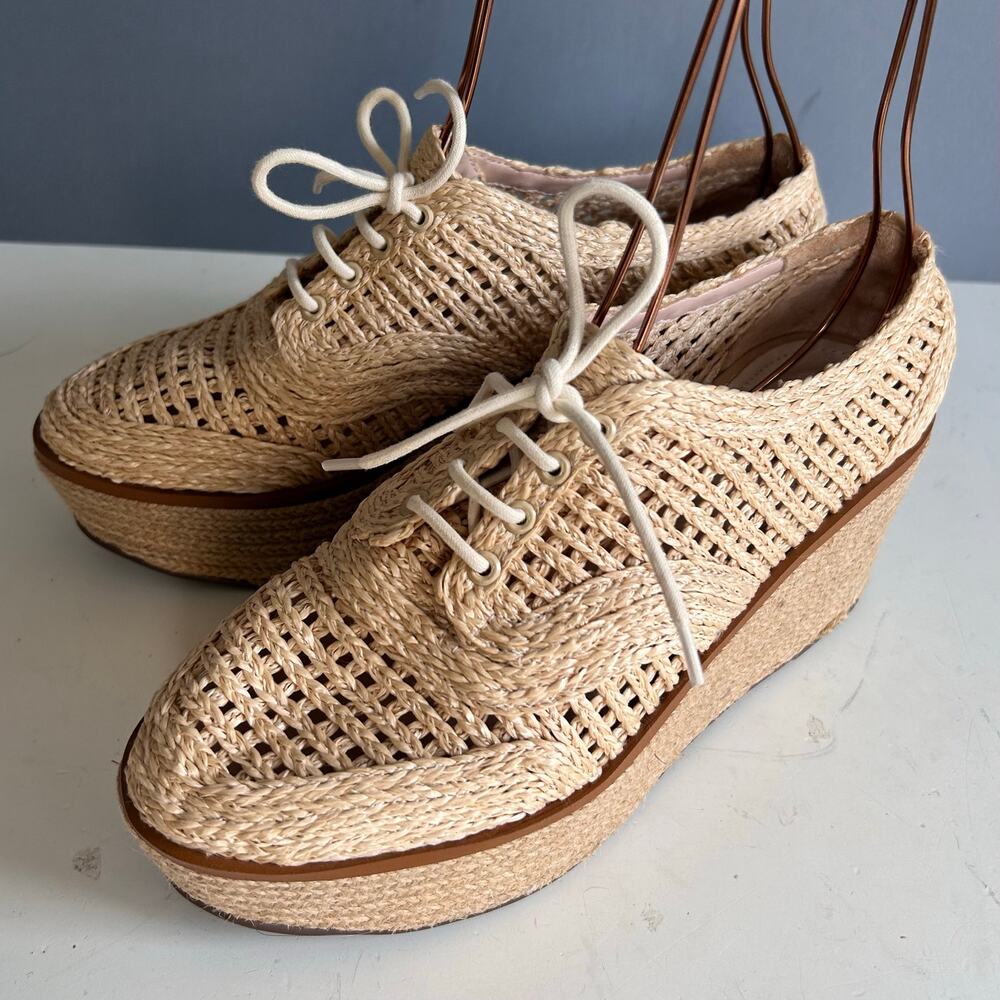 Schutz Platform Loafer wedge Size 8.5 tan Bordado rattan preppy Coastal - Picture 4 of 11
